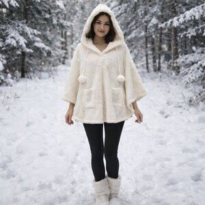 Charlie Paige white faux fur cape jacket pockets and hood Small to Large Sizing